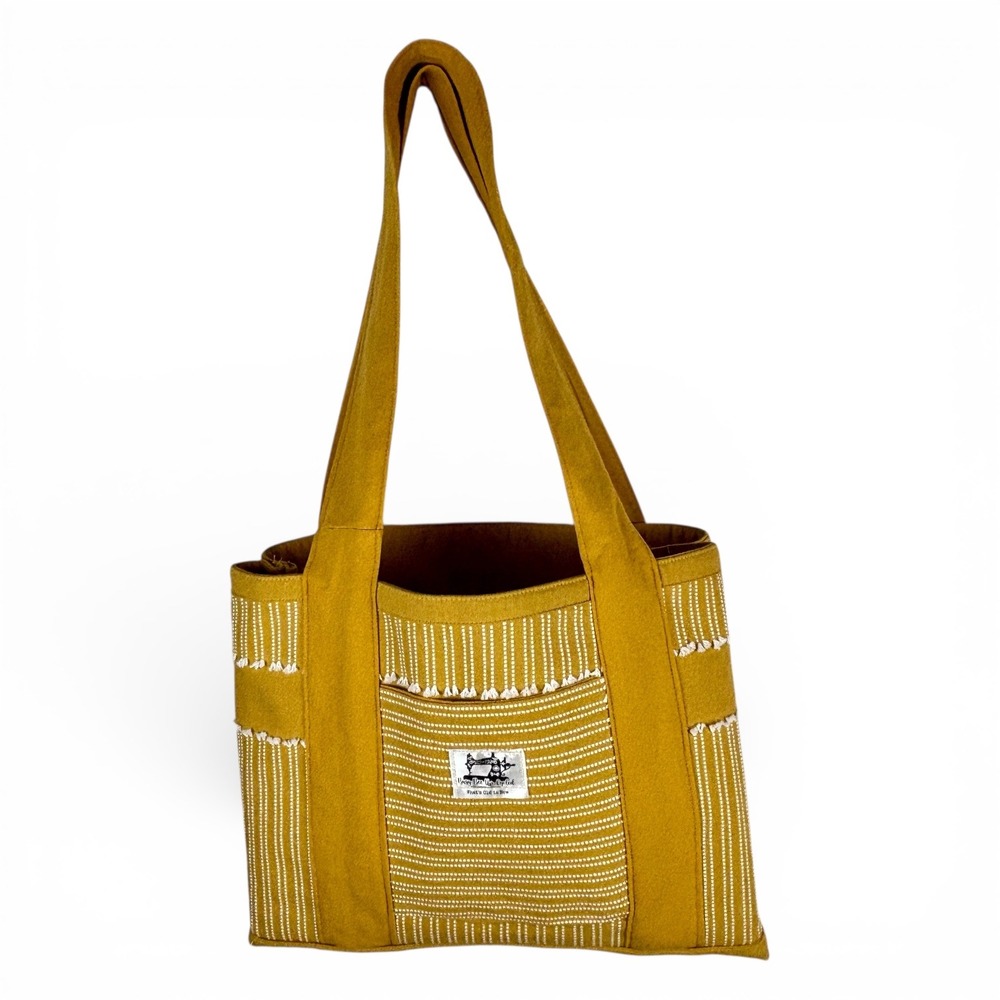 Mustard Yellow Striped Tote‎ Bag Fringe Pockets Handmade